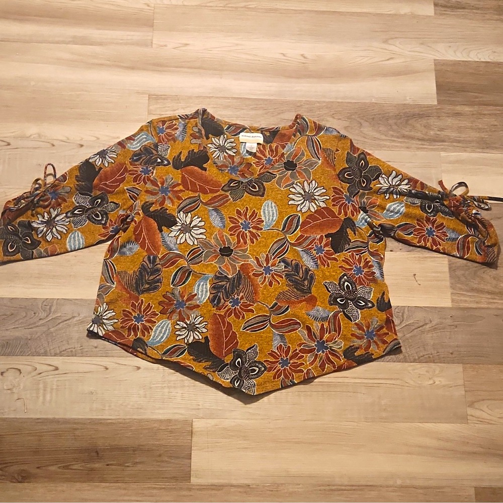 Alfred Dunner Floral Knit Blouse Brown Orange Stretch Round Neck 3/4 2X Autumn